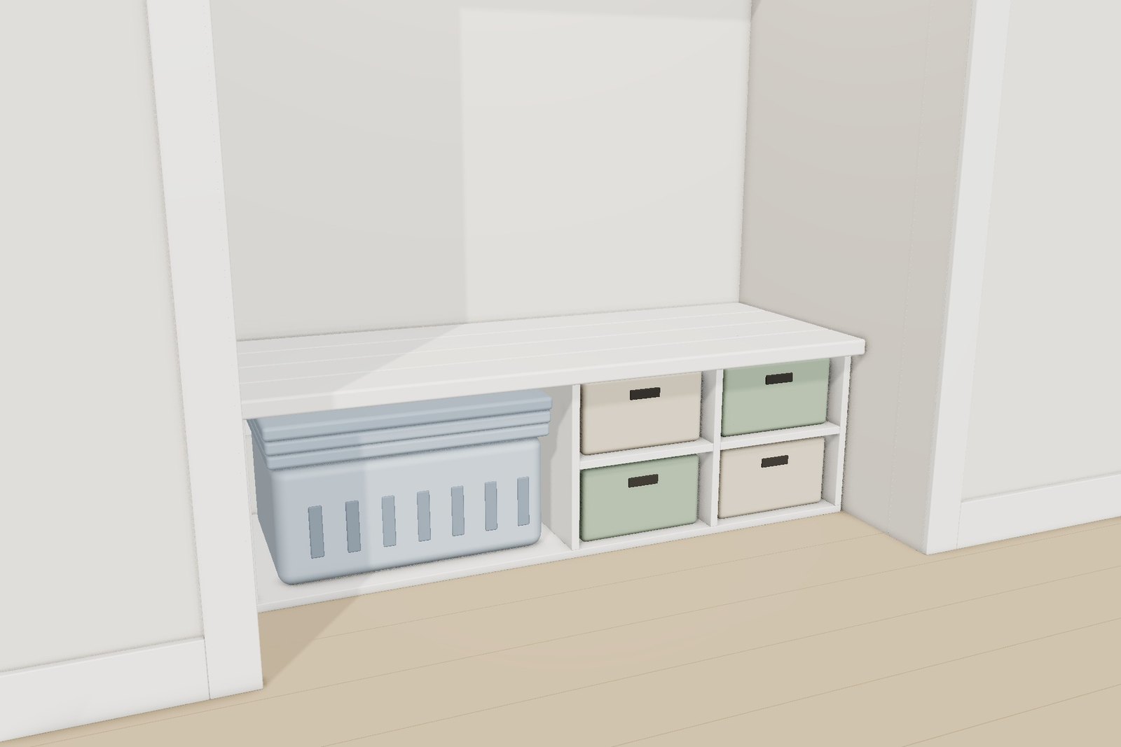 The finished white storage bench in a laundry closet, with a laundry basket in the left bay and fabric bins in the four cubbies